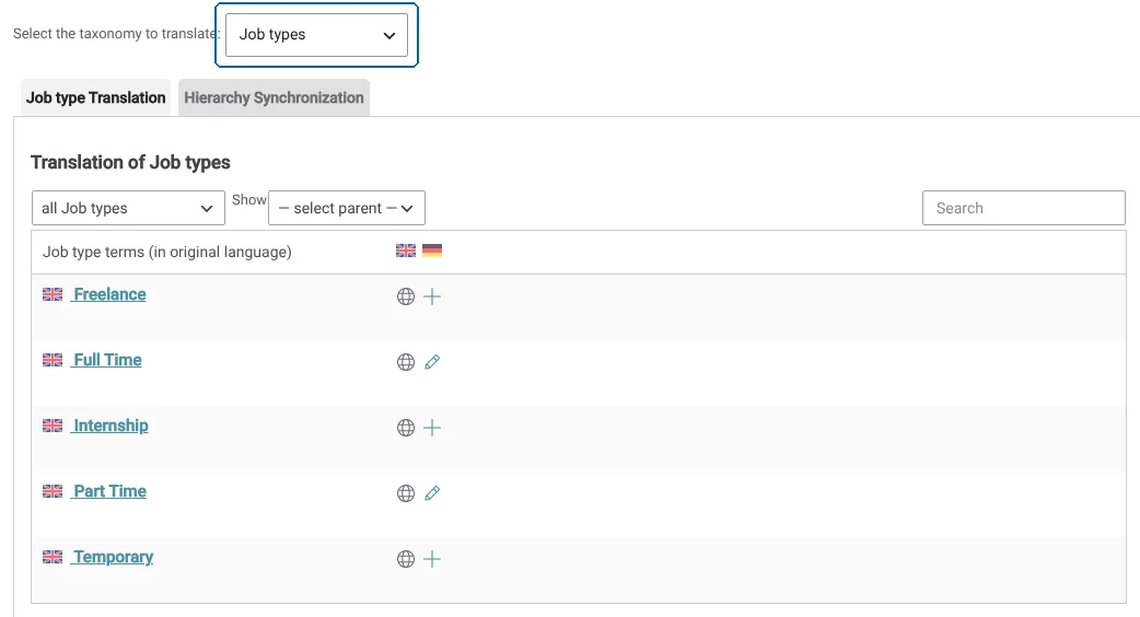 Translating Job Types from a central taxonomy menu