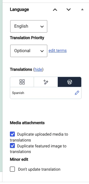 Selecting the WordPress Editor to translate the page content
