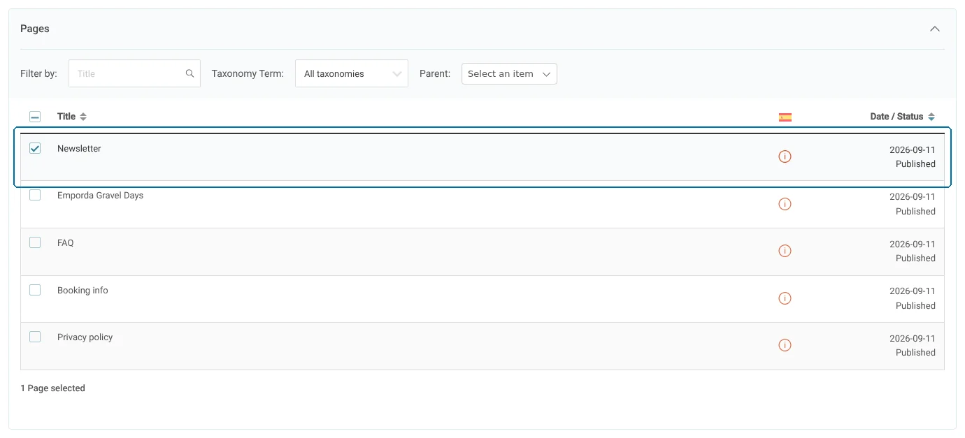 翻訳ダッシュボードでのNewsletterページの選択