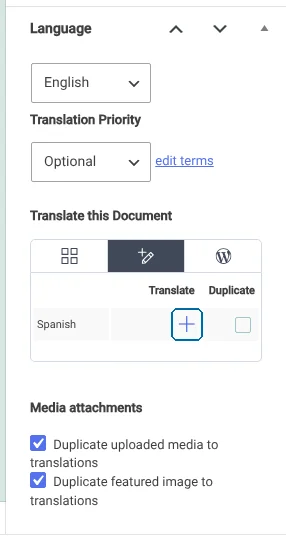 Clicking the plus icon on the Language Box