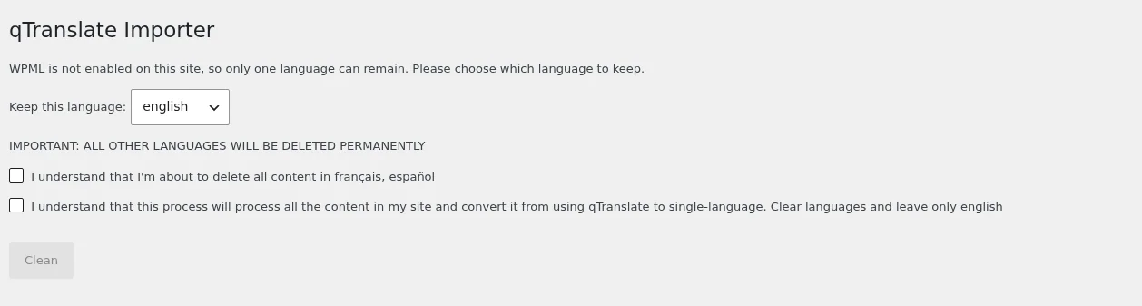 התוסף qTranslate Importer ממיר לשפה אחת