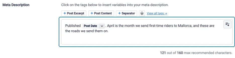Adding tags and text in a meta description in AIOSEO fields