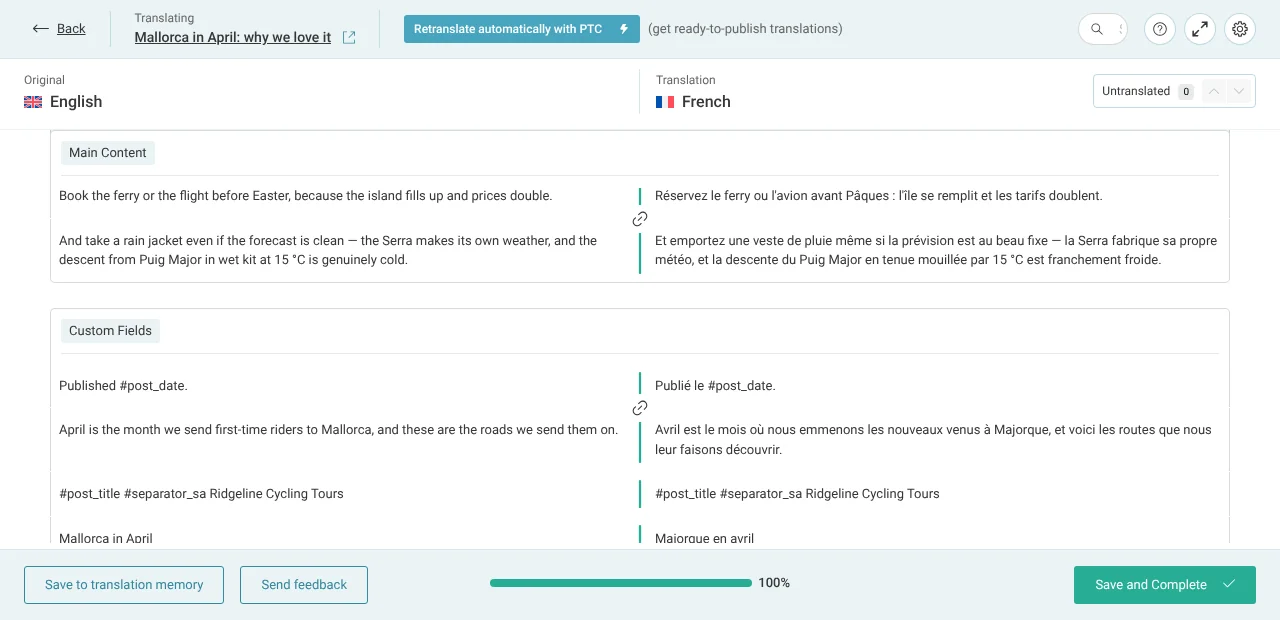Translating the SEO attributes and post content via the Advanced Translation Editor page