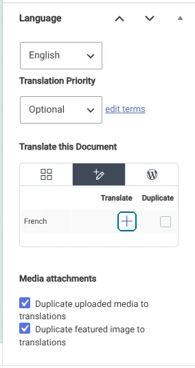 Clicking the plus icon to translate the page content and SEO attributes