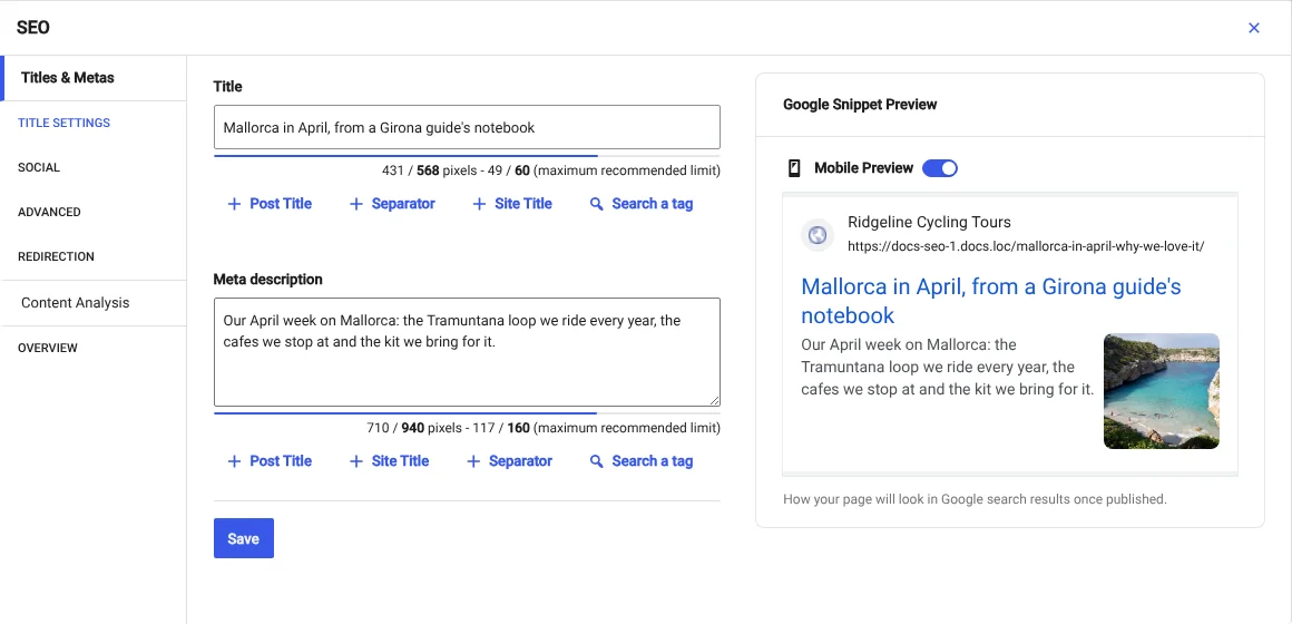 Setting on-page SEO attributes