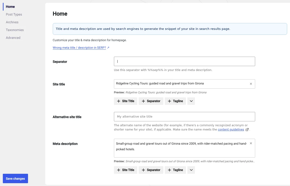 Setting the default language site title and homepage meta description