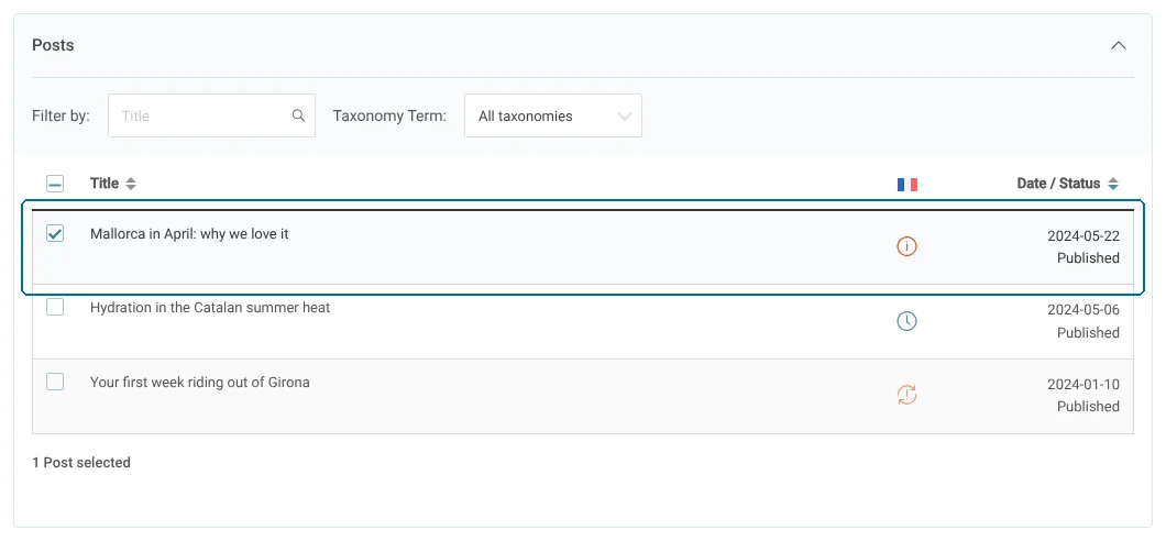 Selecting content to translate in the Translations dashboard