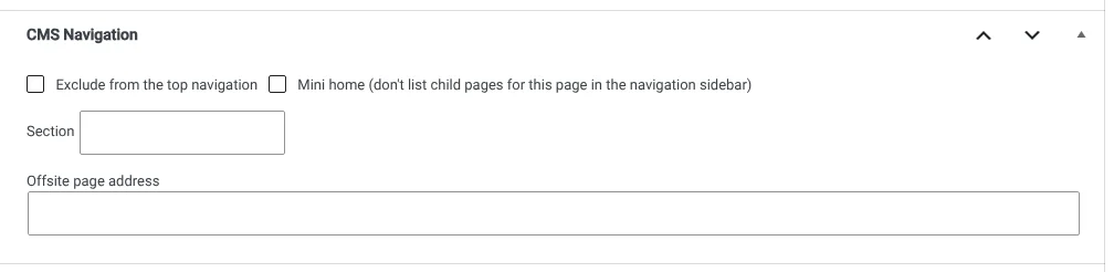 The CMS Navigation section, in the page editor's Meta Boxes drawer