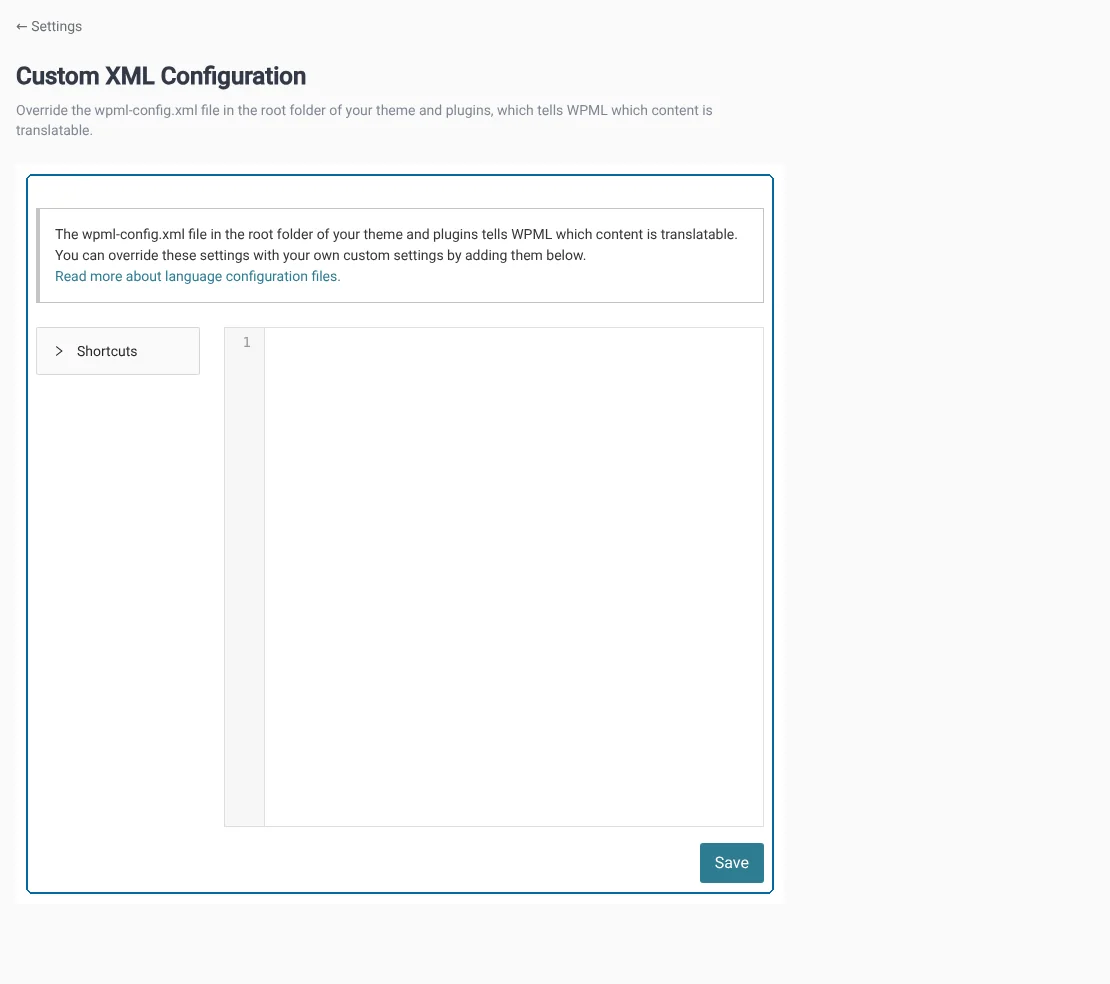 Setting translation options for third-party themes and plugins on the Custom XML Configuration screen