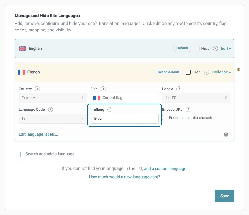 Adding regional targeting to hreflang in WPML → Settings → Languages