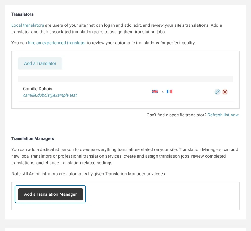 Adding a Translation Manager in WPML → Settings → Translators