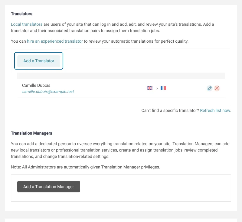 Adding a translator in WPML → Settings → Translators
