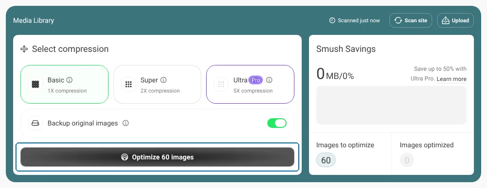 Fare clic sul pulsante Optimize images per comprimere le immagini manualmente