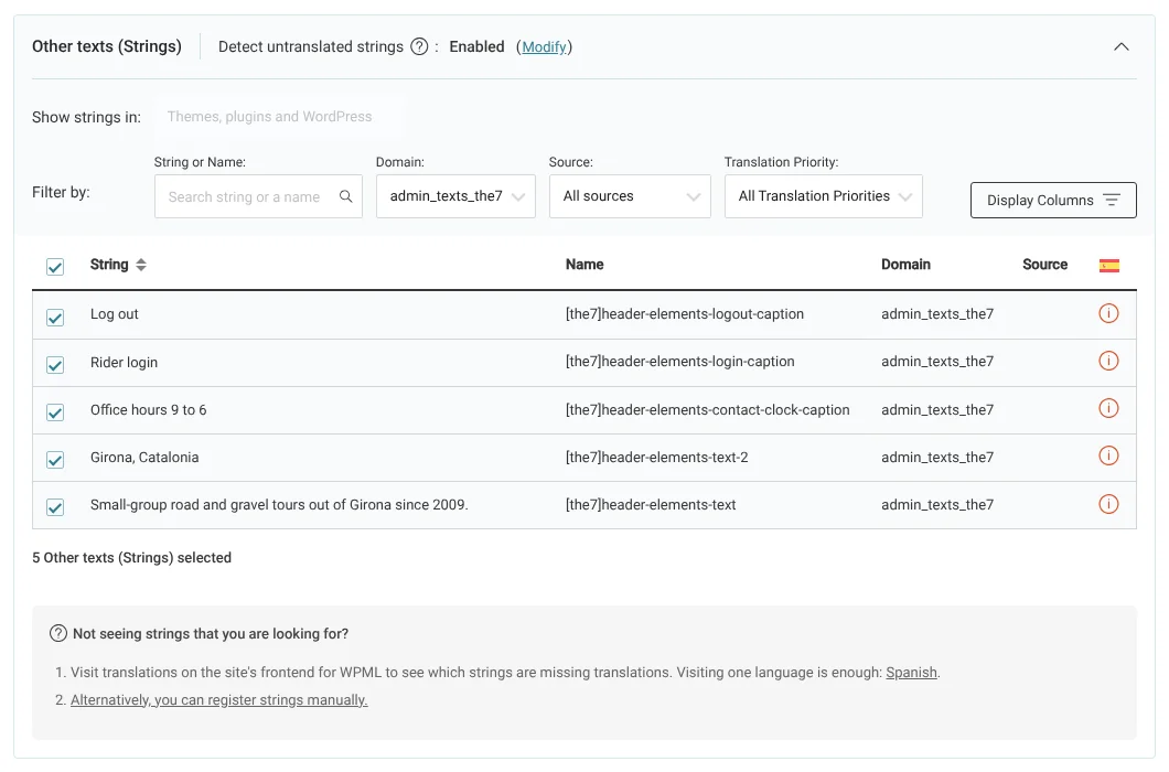 Selecting strings in the Other Texts (Strings) section