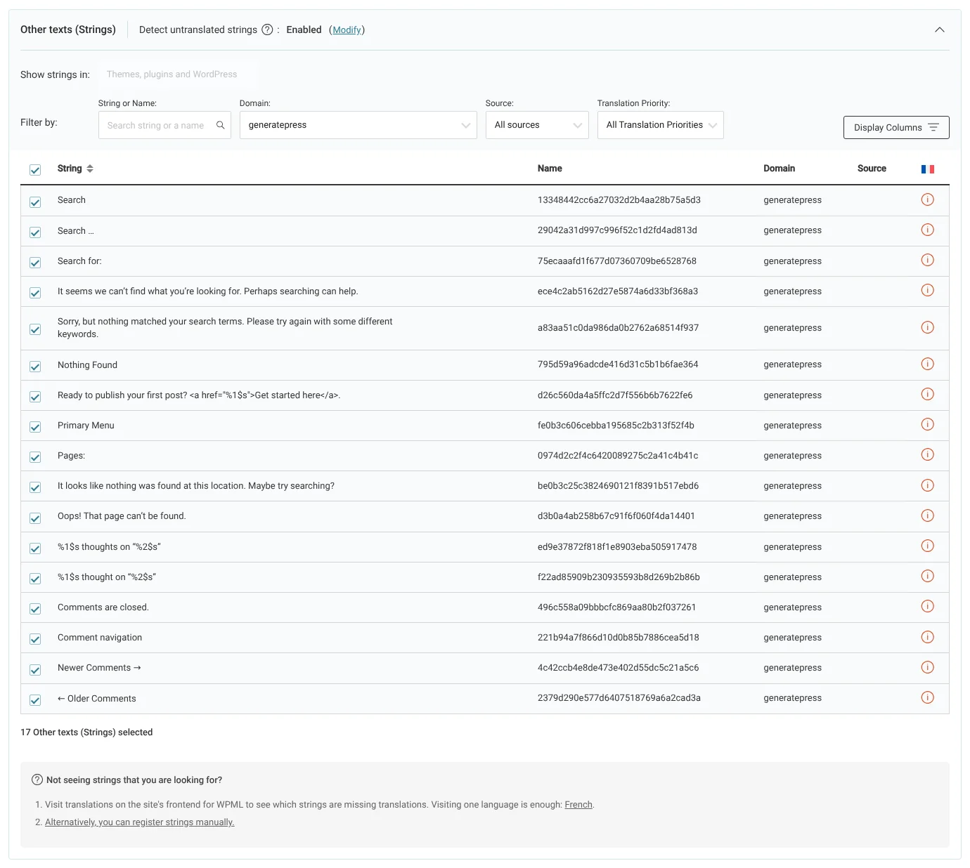 Selecting strings in the Other Texts (Strings) section