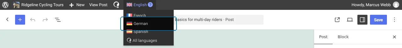 Selecting language of duplicate content in the top WordPress admin bar