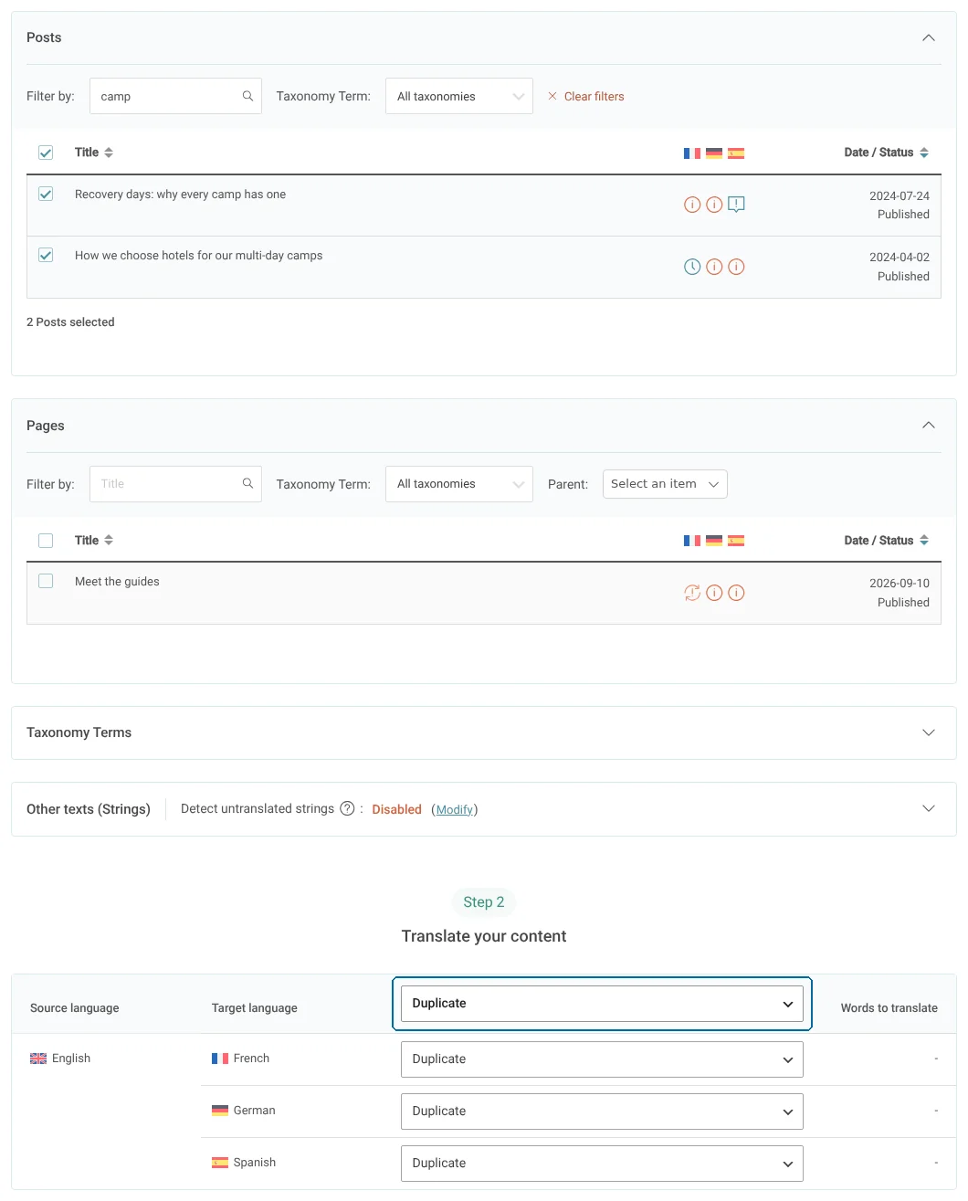 Selecting content to translate in the Translations dashboard