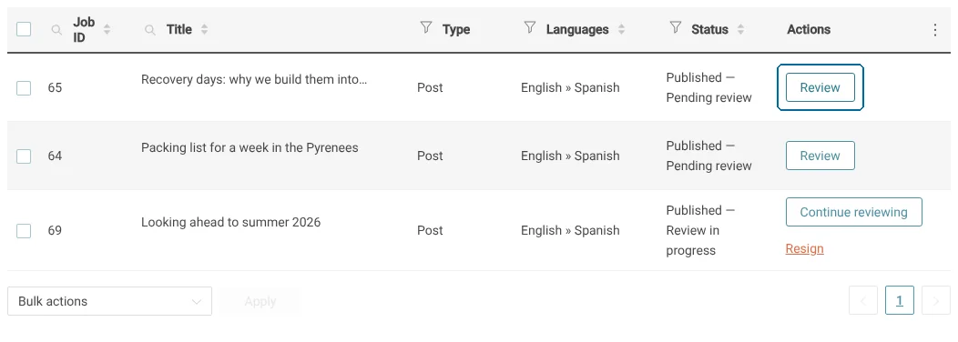 Clicking to review a translation