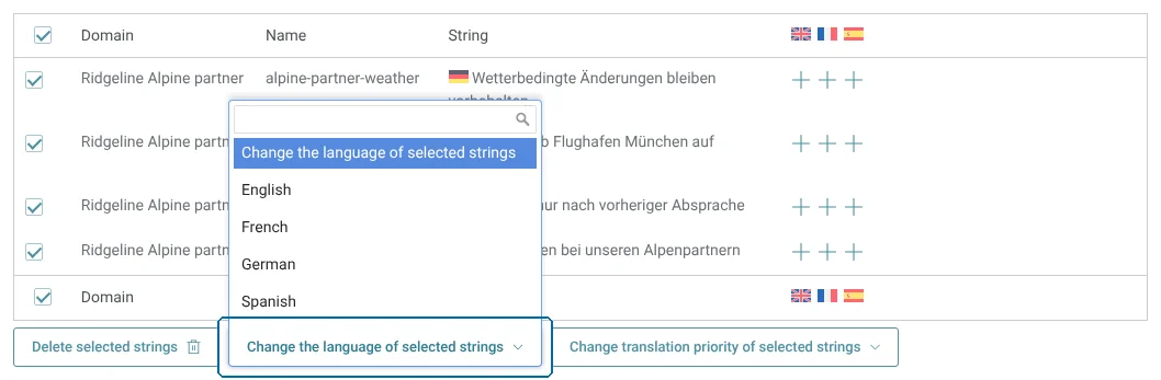 Choosing strings source language from German to English