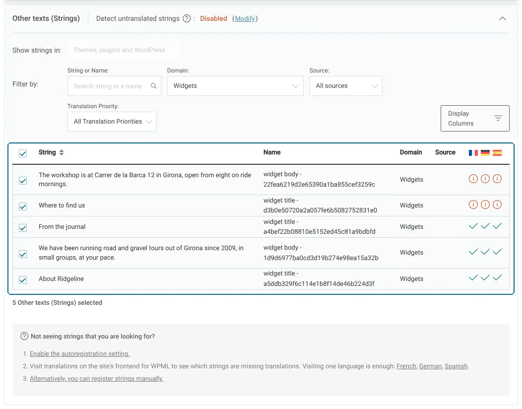 Selecting widgets texts in the Translations dashboard