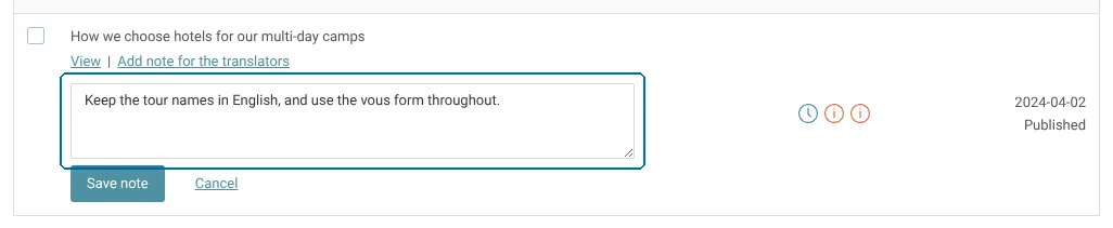 Como adicionar notas aos arquivos XLIFF no Painel de tradução