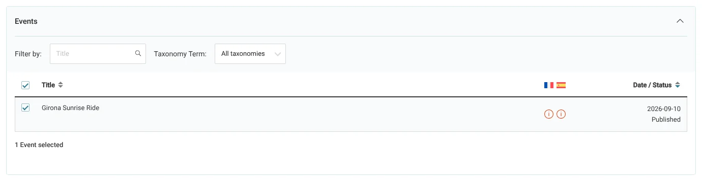 Selecting to translate an Event in the Translations dashboard