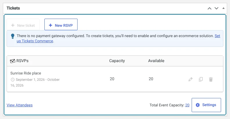 The Tickets section of an event, where you add an RSVP