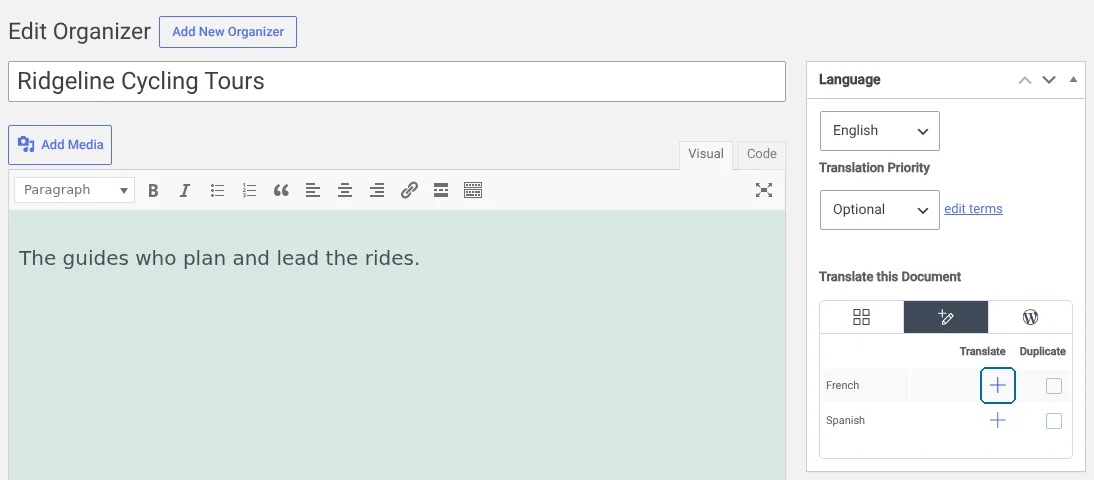 Starting the translation of an Organizer