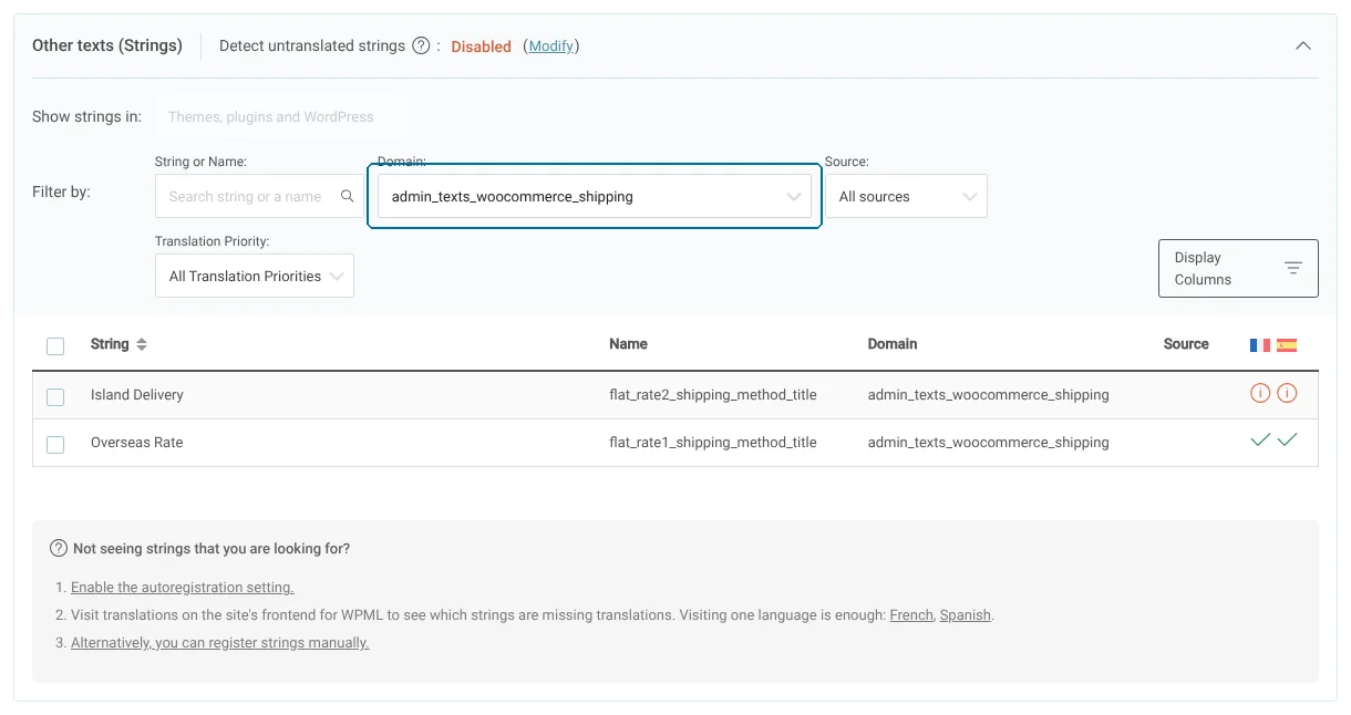 Filtering the Other texts (Strings) section by a text domain in the Translations dashboard