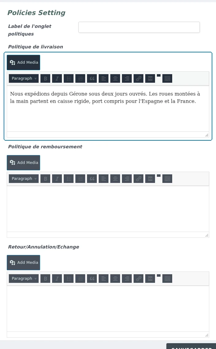 Translating the shipping policy content