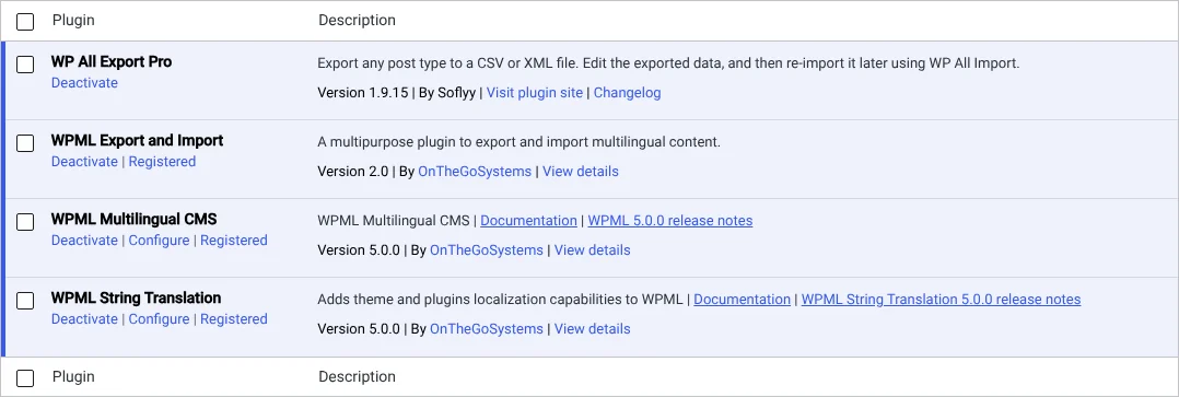 Installing and activating the required plugins on the export site