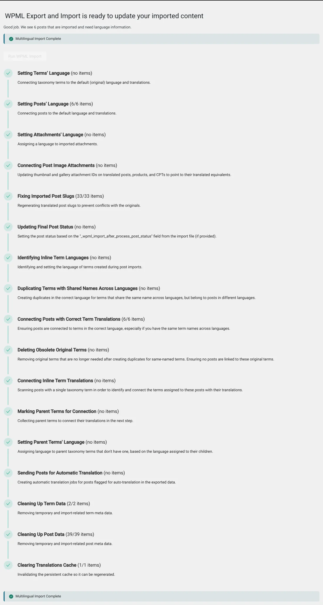 Running WPML Export and Import on the import site to add language information to imported content
