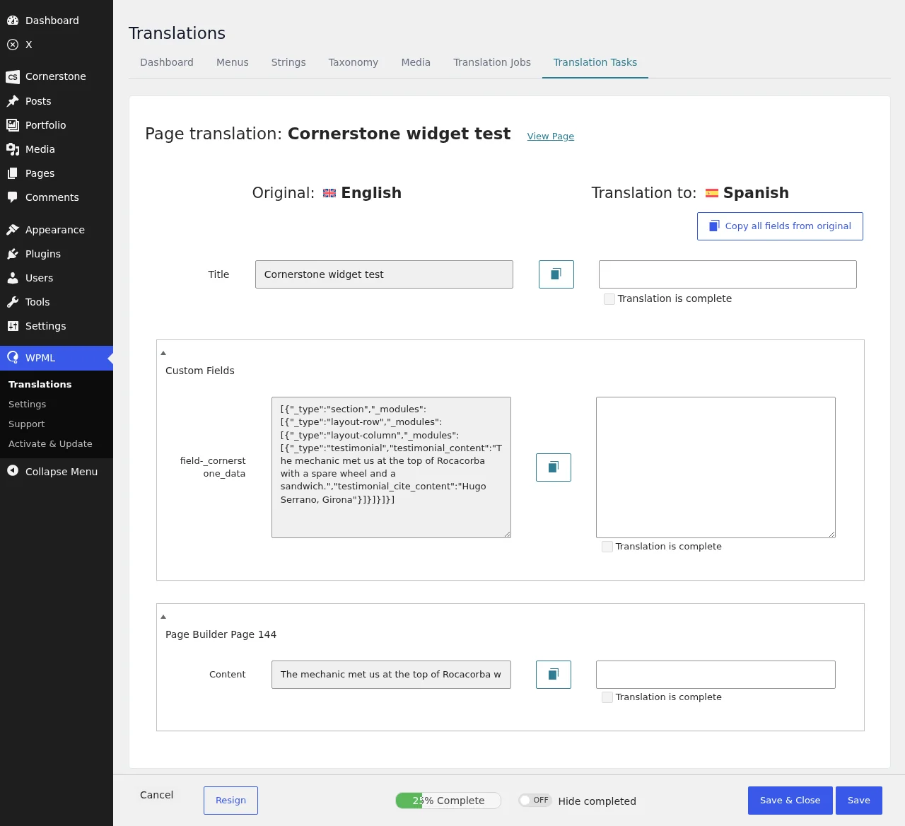 Cornerstone widget’s element tree exposed in WPML’s Classic Translation Editor