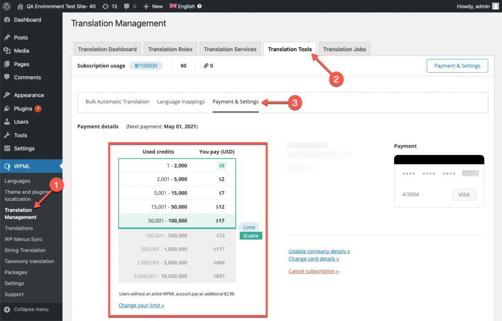 Viewing your automatic translation payment limit