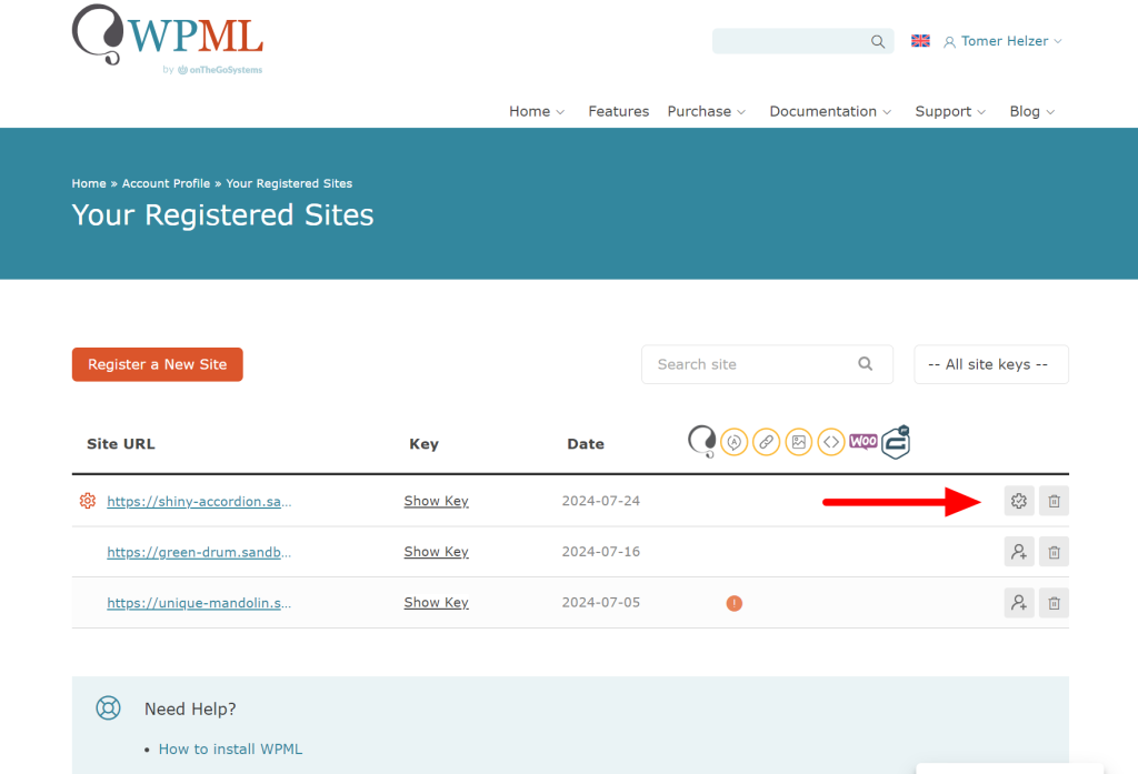 Clicking gear icon in Your registered sites on WPML