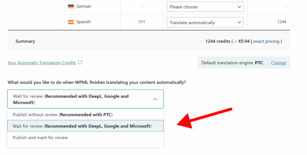 Choosing to review translations before publishing