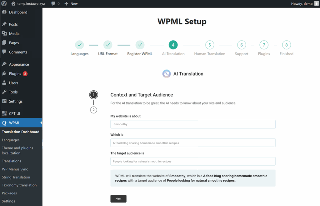 Configuring settings in WPML setup wizard