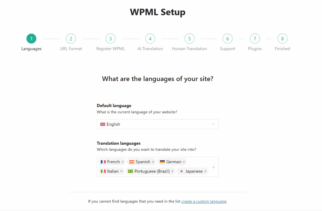 Choosing languages in WPML setup wizard