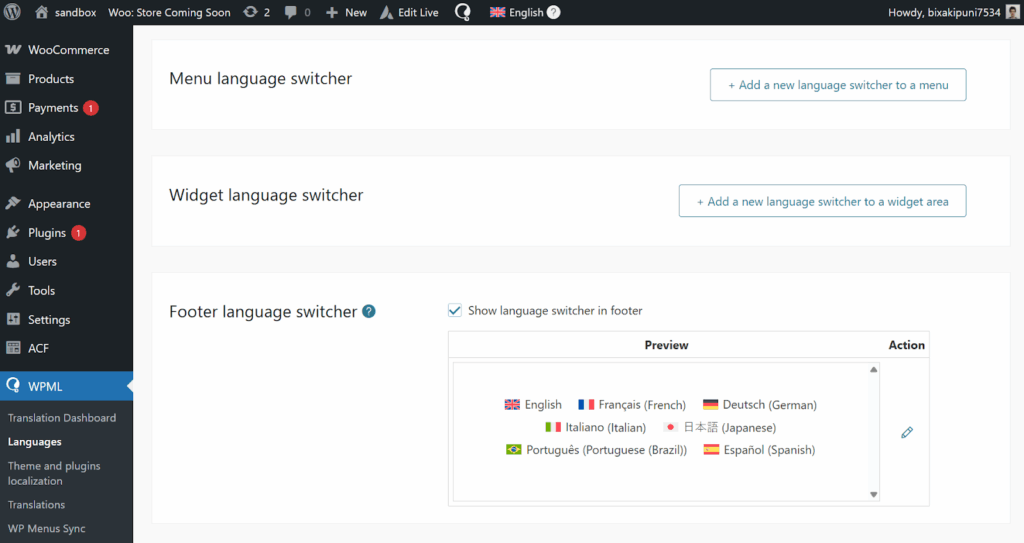 Language switcher settings