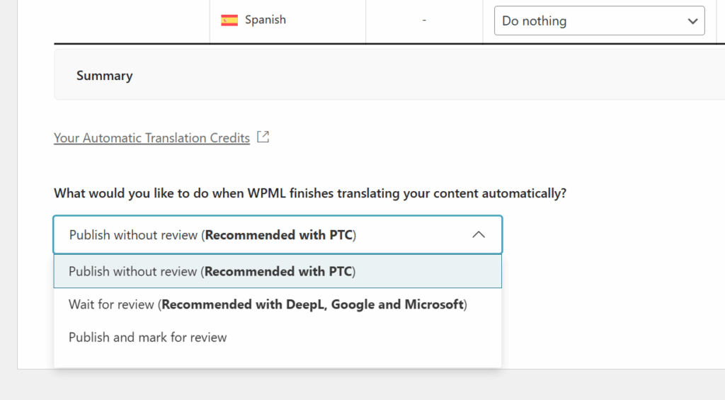 Selecting review option